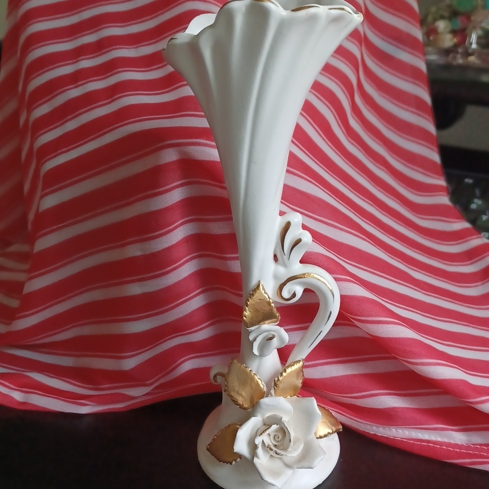 Napco Alaskan Rose Vase Flower with Gold leaf, vintage, approx 11” tall
